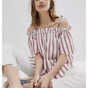 River Island Off-Shoulder Tunic Top Sz 18 Cotton Shoulder Ties Cottage Coastal